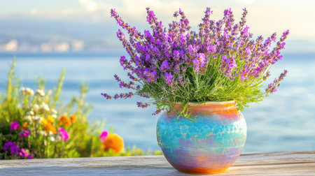 A beautiful arrangement of vibrant lavender flowers in a colorful pot stands against a serene ocean backdrop, exuding tranquility and natural beauty.の素材