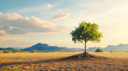 A majestic solitary tree stands in a vast meadow, showcasing its expansive roots against a backdrop of mountains and soft clouds at sunset.の素材