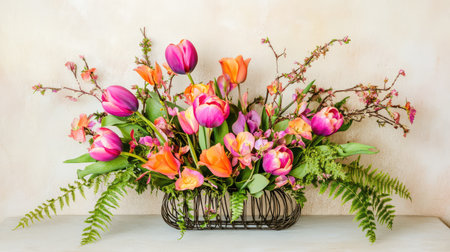 A stunning floral arrangement featuring vibrant tulips and delicate orchids in a decorative basket, perfect for spring decorations and celebrations.の素材