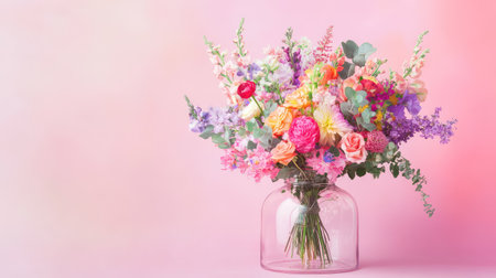 A stunning floral arrangement featuring an array of colorful flowers in a chic glass vase. The soft pastel pink background enhances the vibrant hues, making it perfect for celebrations or home decor.の素材