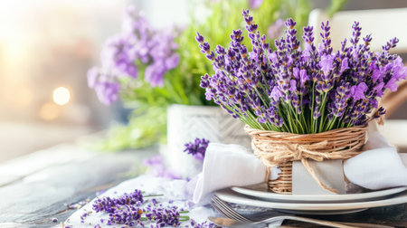 A charming lavender arrangement in a rustic basket placed on a wooden table, bathed in soft natural light. Perfect for enhancing home decor.の素材