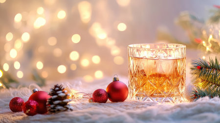 A charming holiday scene featuring a glass of whiskey set against a backdrop of shimmering lights, pine decorations, and festive ornaments.の素材