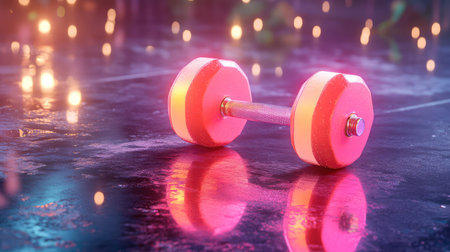 A bright pink dumbbell rests on a shiny surface surrounded by vibrant bokeh lights, capturing the essence of a lively workout atmosphere. Perfect for fitness themes.の素材