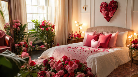 A beautifully arranged romantic bedroom featuring a bed adorned with rose petals and cushions, surrounded by vibrant flower decorations and soft lighting.の素材