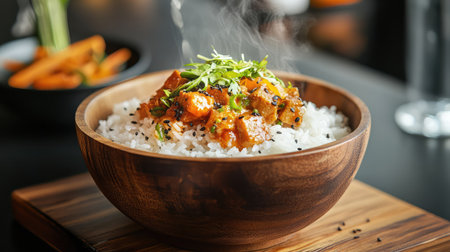 This image features a steaming bowl of fluffy rice topped with tender chicken pieces and fresh green herbs, creating a mouthwatering dish perfect for any meal.の素材