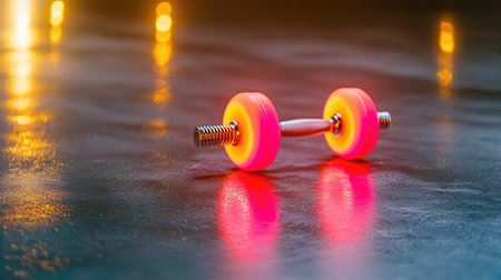 A striking image of a vibrant neon dumbbell resting on a sleek surface, captured with a soft glow effect, ideal for fitness and workout visual themes.の素材