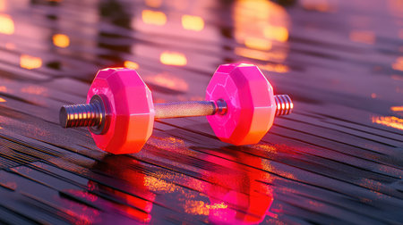 A bright pink dumbbell rests on a glossy surface, reflecting vivid colors. Ideal for themes of fitness, health, and vibrant energy in workout imagery.の素材