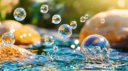 This enchanting image features bubbles floating gracefully above a shimmering water surface, enhanced by soft sunlight and a soothing natural background.の素材