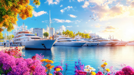 A picturesque harbor scene featuring luxury yachts docked amidst colorful flowers and a stunning sunset. The serene water reflects the blue sky, creating a tranquil atmosphere perfect for relaxation and outdoor enjoyment.の素材