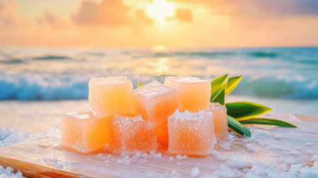 Beautiful arrangement of colorful sea salt and fruit soap bars on sandy beach, surrounded by ocean waves under a picturesque sunset sky.の素材