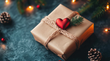 A beautifully wrapped gift box features a vibrant heart and a fresh pine decoration, perfect for holiday celebrations. A cozy ambiance with soft lights enhances the festive feel.の素材