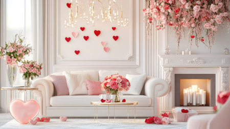 An elegantly designed living room adorned with soft pink and red hues, showcasing beautiful flower arrangements, hearts, and cozy decor to celebrate love.の素材