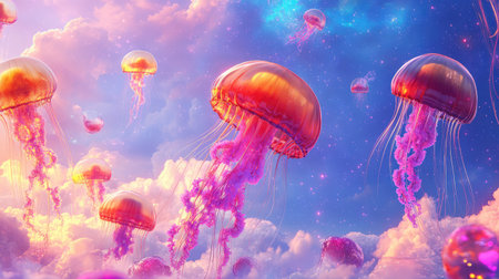 This mesmerizing image features ethereal jellyfish floating gracefully among fluffy pastel clouds, glowing softly with vibrant colors and enchanting tentacles.の素材