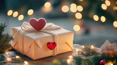 A beautifully wrapped gift box adorned with heart motifs rests on a rustic table. Surrounding warm holiday lights create a cozy atmosphere, perfect for celebrations.の素材
