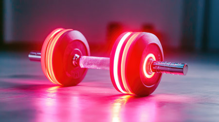 A vibrant neon illuminated dumbbell rests on the gym floor, showcasing a colorful glow that enhances the modern fitness environment, perfect for workout motivation.の素材