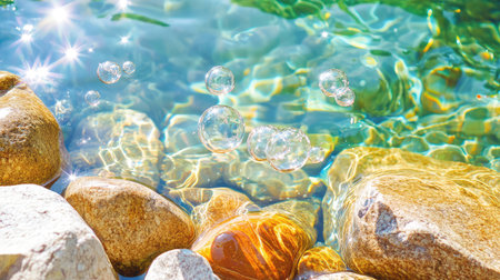 This captivating image features bubbles floating above a sparkling clear water surface, surrounded by smooth, colorful stones, creating a serene and tranquil atmosphere.の素材