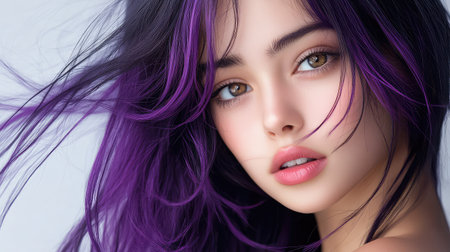 A captivating portrait featuring a young woman with mesmerizing eyes and striking purple hair. This artistic image showcases beauty and elegance in a soft setting.の素材