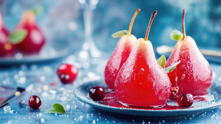 This captivating image features beautifully glazed red pears adorned with cherries and fresh mint on a plate, evoking a festive and elegant dessert presentation.の素材
