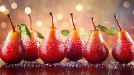 A stunning arrangement of fresh red pears adorned with dew drops, set against a beautifully blurred bokeh background, perfect for food and product photography.の素材