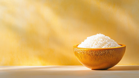 A beautifully styled close-up of white rice in a decorative bowl, set against a warm yellow background. The soft light enhances the textures and colors, ideal for culinary themes.の素材