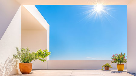 A captivating outdoor patio featuring vibrant plants in stylish pots against a clear blue sky and warm sunshine. Ideal for relaxation and outdoor living.の素材