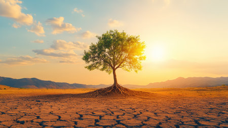 A solitary tree stands majestically in an arid landscape, bathed in golden sunlight during sunset. The cracked earth contrasts with the lush foliage, creating a vivid representation of resilience.の素材