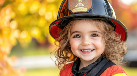 A joyful child dressed in a vibrant firefighter costume smiles brightly, captured in an outdoor setting with a colorful autumn background.の素材