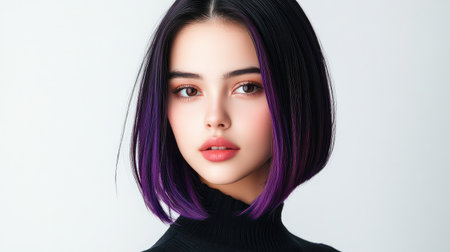 A captivating portrait of a young woman showcasing her chic bob haircut with vibrant purple highlights. The clean, minimalist background enhances her beauty and style, making this image perfect for fashion or beauty projects.の素材