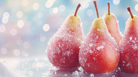A stunning arrangement of fresh red pears adorned with a frost-like sugar coating, set against a vibrant and sparkling background. Perfect for food and beverage visuals.の素材