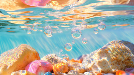 Captivating underwater scene featuring colorful stones and pebbles with shimmering air bubbles rising to the surface, enhanced by warm sunlight reflections.の素材