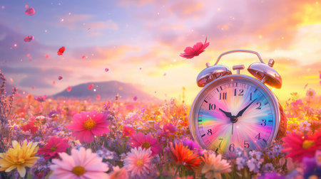A captivating scene of a colorful alarm clock set amid a vibrant field of flowers at sunrise. Soft light casts a magical glow over the blossoms, creating a serene atmosphere.の素材