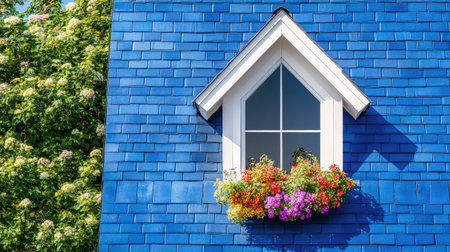 A charming blue house exterior showcases a white vignette window adorned with a vibrant flower box, creating a cheerful and inviting atmosphere.の素材