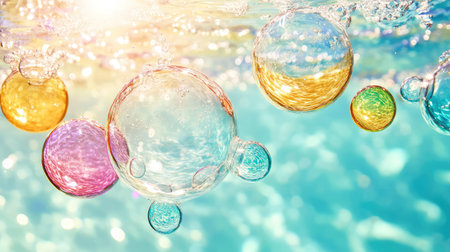 Colorful bubbles float gracefully in clear blue water, illuminated by sunlight, creating a serene and vibrant underwater scene perfect for relaxation.の素材