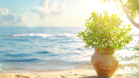 A serene image featuring a vibrant potted plant set against a beautiful ocean backdrop with soft waves and warm sunlight, perfect for relaxation themes.の素材