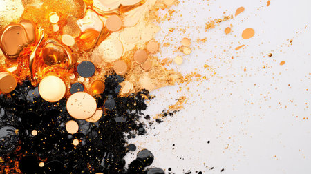Captivating abstract background featuring golden and black paint textures with circular shapes and dynamic splashes, perfect for creative design projects.の素材