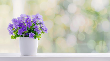 A charming display of violet flowers in a white pot sits against a soft bokeh background, creating a vibrant and serene atmosphere perfect for nature-themed designs.の素材