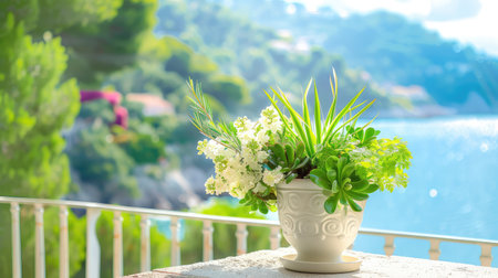 A stunning indoor plant arrangement featuring vibrant flowers and lush greenery in a decorative pot, set against a serene coastal backdrop that invites tranquility and beauty into any space.の素材