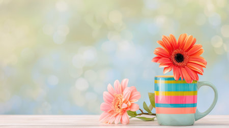 This image features a vibrant mug filled with beautiful flowers, creating a cheerful atmosphere. The soft blurred background enhances the fresh decor.の素材