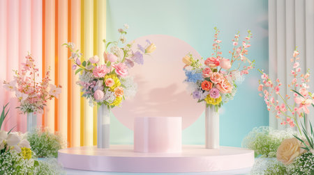 A stunning floral arrangement featuring pastel tones, set against a soft background with a round centerpiece, perfect for event decor and photography.の素材