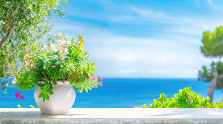 A serene coastal scene featuring vibrant potted flowers on a ledge with a stunning ocean view, showcasing the beauty of nature and tranquility.の素材