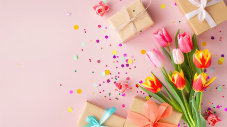 A delightful arrangement of colorful tulip flowers alongside beautifully wrapped gift boxes on a soft pink background, perfect for celebrations.の素材