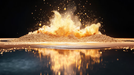 A stunning visual of a golden explosion, showcasing particles and dust that create a captivating display of light and reflections against a dark background.の素材