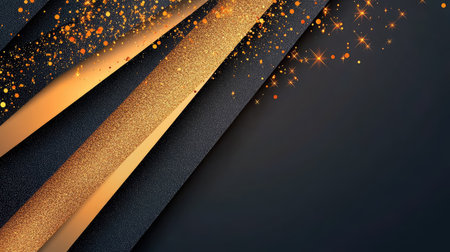 A sophisticated abstract background featuring dark stripes intertwined with shimmering gold glitter and bright sparkles. Ideal for celebrations.の素材