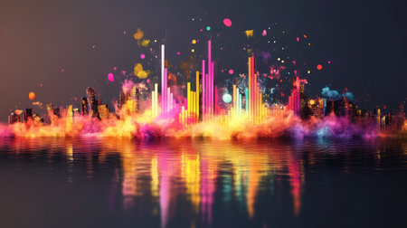 Stunning abstract representation of a city skyline adorned with colorful lights, water reflections, and a dreamy atmosphere, perfect for creative projects.の素材