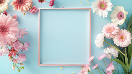 This image features a soft blue background adorned with a colorful floral arrangement and an empty frame, ideal for creative projects and decorative displays.の素材