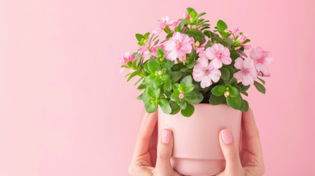 A pair of hands gently holds a light pink pot filled with vibrant pink flowers and lush green leaves. The soft pink background enhances the beauty and tranquility of the arrangement.の素材