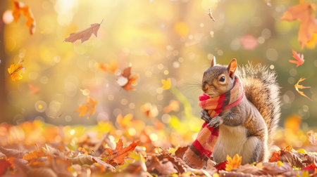 A delightful scene capturing a cute squirrel in a cozy scarf, surrounded by vivid autumn leaves and a sunlit background, perfect for nature lovers.の素材