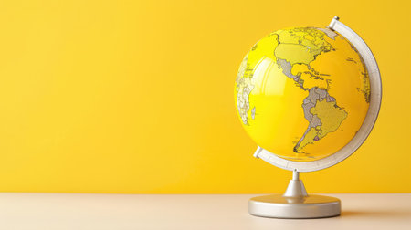 A bright yellow globe on a silver stand highlighting North and South America against a simple backdrop, ideal for educational or decorative purposes.の素材
