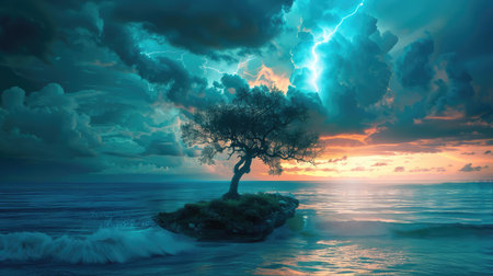 A stunning visualization of a lone tree standing on a rocky island, surrounded by turbulent ocean waves and a dramatic sky filled with lightning and clouds.の素材