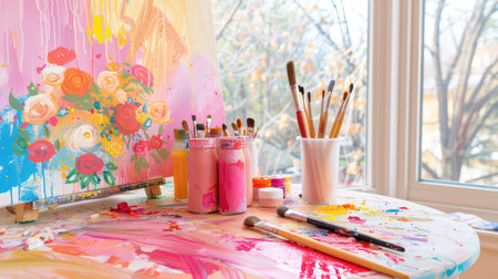 A vibrant art studio filled with colorful paints and brushes, highlighting a floral canvas by a window. Natural light enhances the creative atmosphere.の素材